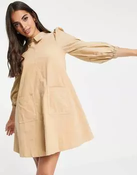 Бежевое вельветовое свободное свободное платье мини с поплиновыми рукавами ASOS DESIGN