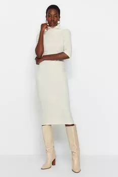 Бежевое вязаное платье миди с мягкой поверхностью Салоники/трикотаж Trendyol, бежевый