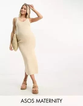 Бежевое вязаное платье миди с V-образным вырезом ASOS DESIGN Maternity