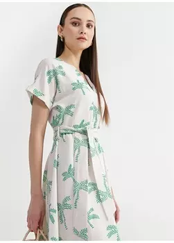 Бежевое женское платье миди с V-образным вырезом и узором Fabrika