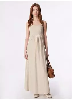 Бежевое женское пышное льняное платье миди с квадратным воротником F4SL-ELB0824 Fabrika, бежевый