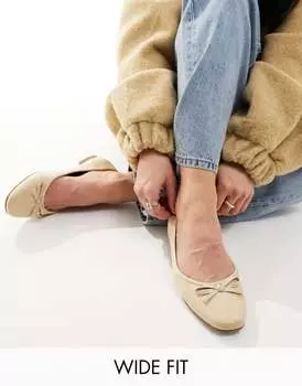 Бежевые балетки из ткани с бантом ASOS Wide Fit