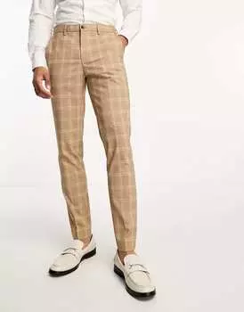 Бежевые костюмные брюки супертонкого кроя Jack & Jones Premium в клетку