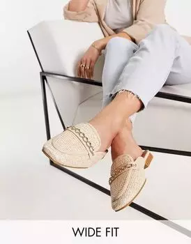 Бежевые мюли из рафии на плоской подошве с цепочкой ASOS Wide Fit Theme, широкий крой