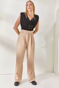 Бежевые плиссированные брюки-палаццо с липучками на талии Olalook, бежевый