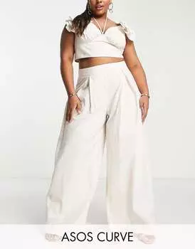 Бежевые широкие брюки с завышенной талией и широкими штанинами ASOS LUXE Curve