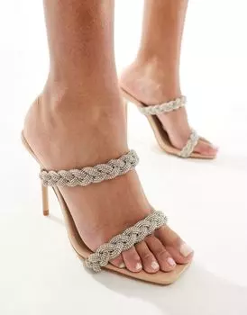 Бежевые свадебные босоножки-мюли на высоком каблуке с украшением Truffle Collection