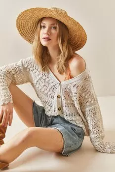 Бежевый ажурный укороченный кардиган на пуговицах 3YXK3-47026-25 XHAN