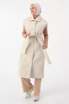 Бежевый длинный пуховик оверсайз в вертикальную полоску с кнопками ALL DAY