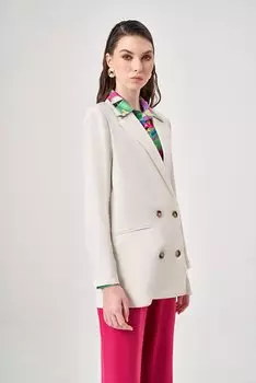 Бежевый двубортный пиджак с льняным фактурным рисунком Mizalle