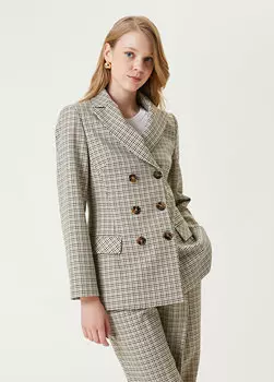 Бежевый двубортный пиджак в мелкую клетку Beymen