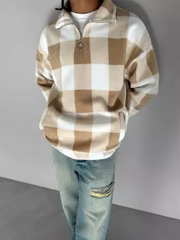 Бежевый флисовый свитшот в клетку на половинной молнии оверсайз ablukaonline