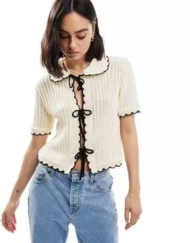 Бежевый кардиган с оборками на воротнике ASOS DESIGN