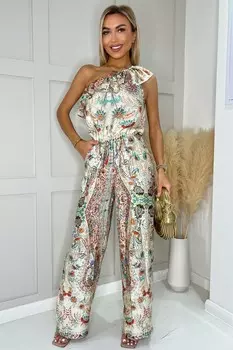 Бежевый комбинезон боте на одно плечо с принтом Ax Paris, бежевый