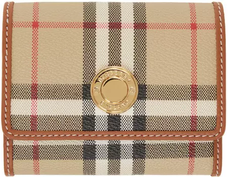 Бежевый маленький складной кошелек в клетку и кожу Burberry