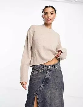 Бежевый меланжевый джемпер с высоким v-образным вырезом Weekday Reece