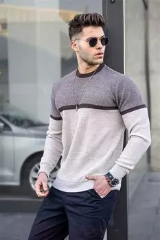 Бежевый мужской свитер в стиле колор-блок 4734 MADMEXT