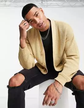 Бежевый объемный кардиган в рубчик крупного кроя Jack & Jones