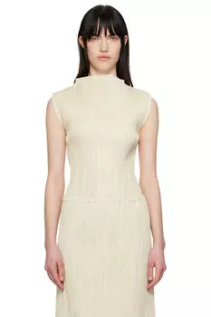 Бежевый плиссированный топ без рукавов с воротником-стойкой LE17SEPTEMBRE