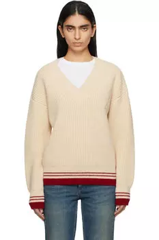 Бежевый шерстяной ребристый свитер с V-образным вырезом AMI Paris
