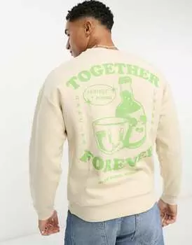 Бежевый свитшот оверсайз с принтом напитков на спине Jack & Jones Originals