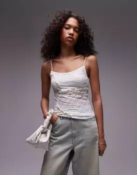 Бежевый топ на бретелях из смесового кружева Topshop