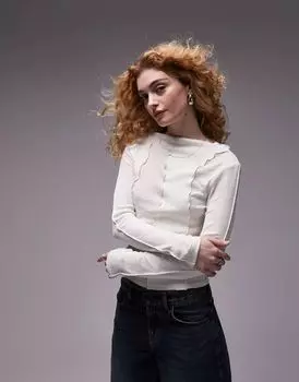 Бежевый топ с длинными рукавами в рубчик Topshop