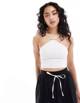 Бежевый топ с кружевной отделкой Bershka