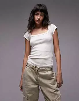 Бежевый топ Topshop с квадратным вырезом и рукавами в рубчик
