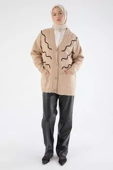 Бежевый трикотажный кардиган с v-образным вырезом и вышивкой кисточками ALL DAY