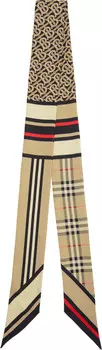Бежевый узкий монтажный шелковый шарф Burberry