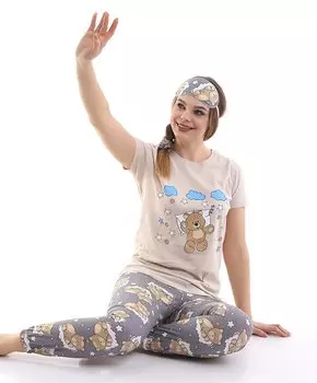 Бежевый женский пижамный комплект с короткими рукавами и принтом плюшевого мишки в полоску для сна CALMERA MODA