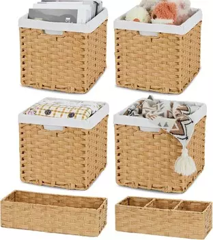 Bidtakay, 6 шт., водонепроницаемые плетеные корзины для хранения — кубические контейнеры для хранения 11x11 с вкладышами + маленькие плетеные узкие контейнеры для хранения