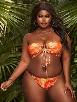 Бикини-бандо с завязками спереди, летний пляжный комплект бикини больших размеров Shein, апельсиновый