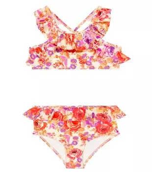 Бикини с оборками и цветочным принтом Zimmermann Kids, разноцветный