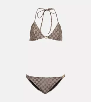 Бикини с вырезом халтер и логотипом GG GUCCI, коричневый