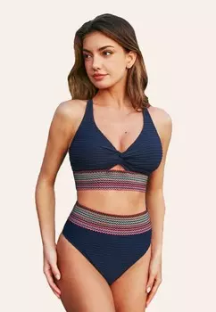 Бикини SET V AUSSCHNITT TWIST FRONT HIGH WAIST WELLENMUSTER ZWEITEILIGER Cupshe, темно-синий