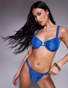 Бикини-топ на косточках South Beach с мятым узором, синего цвета