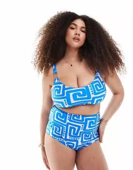 Бикини-топ New Look Curve с глубоким вырезом и синим узором в виде завитков