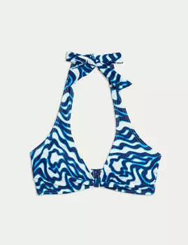 Бикини-топ с глубоким вырезом и завязками на шее спереди Marks & Spencer, темно-синий микс