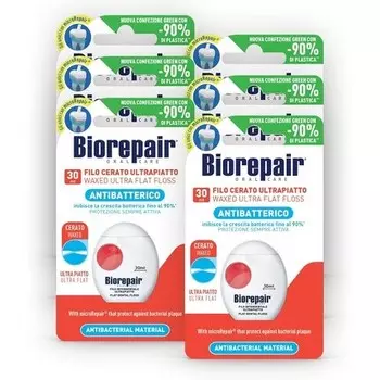 Biorepair Ультратонкая вощеная антибактериальная зубная нить с микроремонтом для труднодоступных мест, уход за полостью рта, свежий мятный вкус, 6 X 30 метров