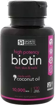 Биотин Sports research 10000 мкг, 120 мягких капсул