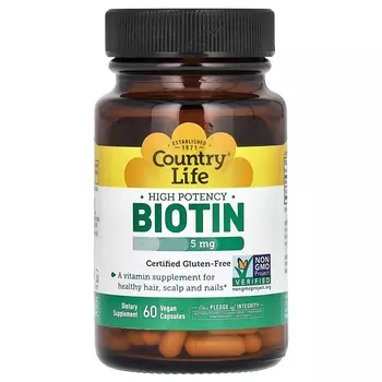Биотин высокой эффективности Country Life 5 мг, 60 веганских капсул
