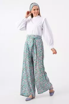 Бирюзово-розовые широкие брюки с принтом и узором из вискозы с двойными складками и поясом ALL DAY