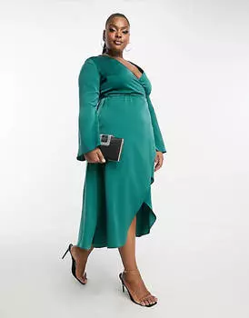 Бирюзовое атласное платье косого кроя с запахом и завязкой на талии ASOS DESIGN Curve