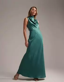 Бирюзовое атласное платье макси с воротником-хомутом и завязками ASOS Bridesmaid