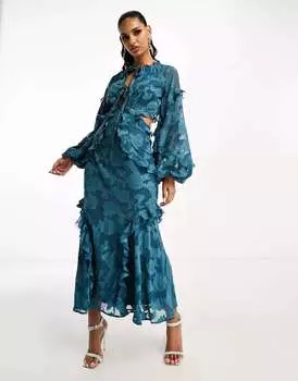 Бирюзовое платье миди с длинными рукавами и оборками ASOS