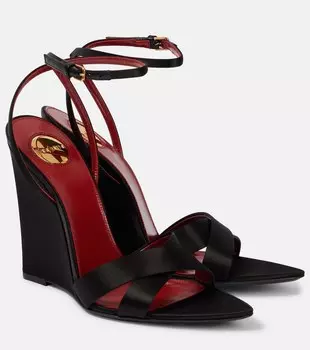 Бирюзовые сатиновые босоножки-клин Bibi 110 Saint Laurent, нуар