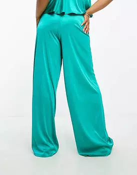 Бирюзовые широкие брюки из атласного твила ASOS DESIGN Curve