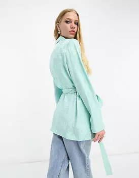 Бирюзовый жаккардовый блейзер с завязками на талии River Island